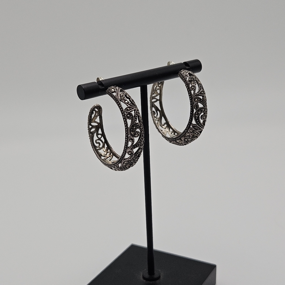 sterling silver filigree hoop earrings with marcasites